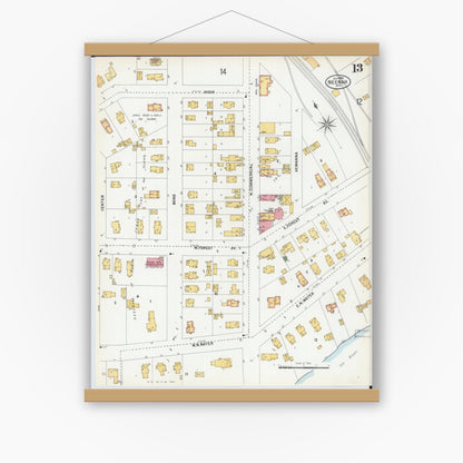 Old map wall art mockup — magnetic wood frame on white wall — Sanborn Fire Insurance Map from Neenah, Winnebago County, Wisconsin (1900), Sheet #0013