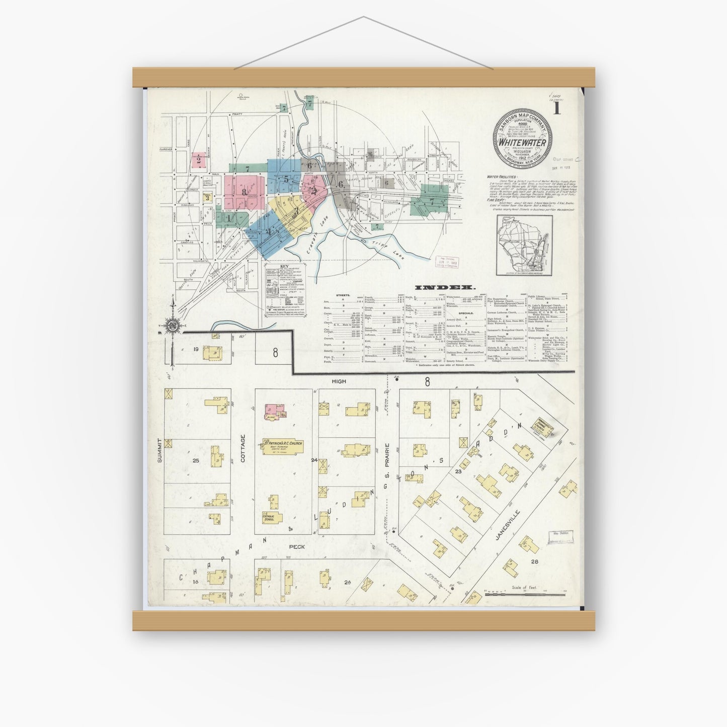 Old map wall art mockup — magnetic wood frame on white wall — Sanborn Fire Insurance Map from Whitewater, Walworth County, Wisconsin (1912), Sheet #0001