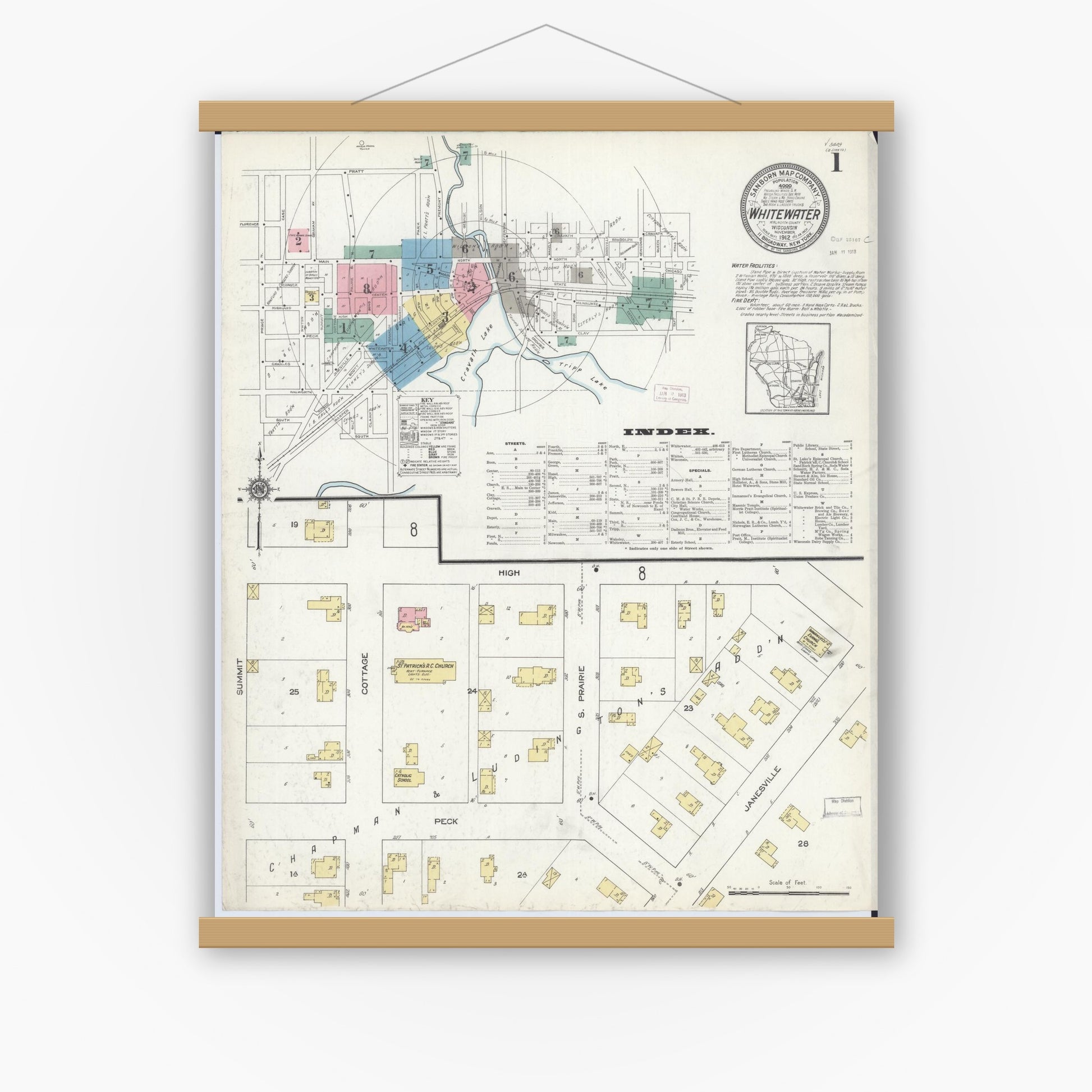 Old map wall art mockup — magnetic wood frame on white wall — Sanborn Fire Insurance Map from Whitewater, Walworth County, Wisconsin (1912), Sheet #0001