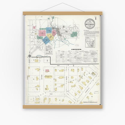 Old map wall art mockup — magnetic wood frame on white wall — Sanborn Fire Insurance Map from Whitewater, Walworth County, Wisconsin (1912), Sheet #0001