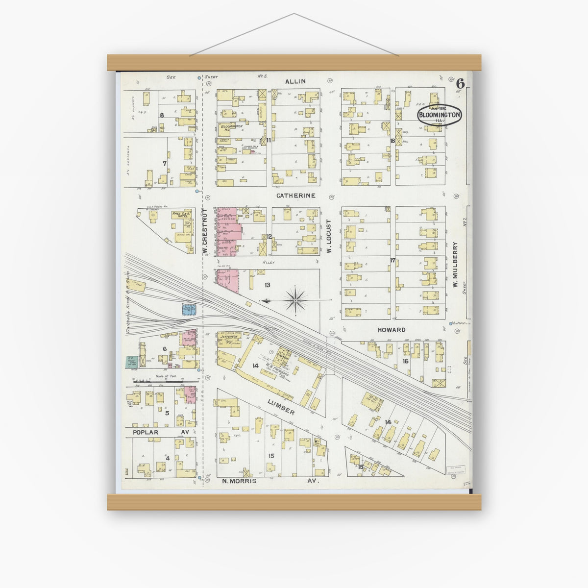 Old map wall art mockup — magnetic wood frame on white wall — Sanborn Fire Insurance Map from Bloomington, McLean County, Illinois (1892), Sheet #0006
