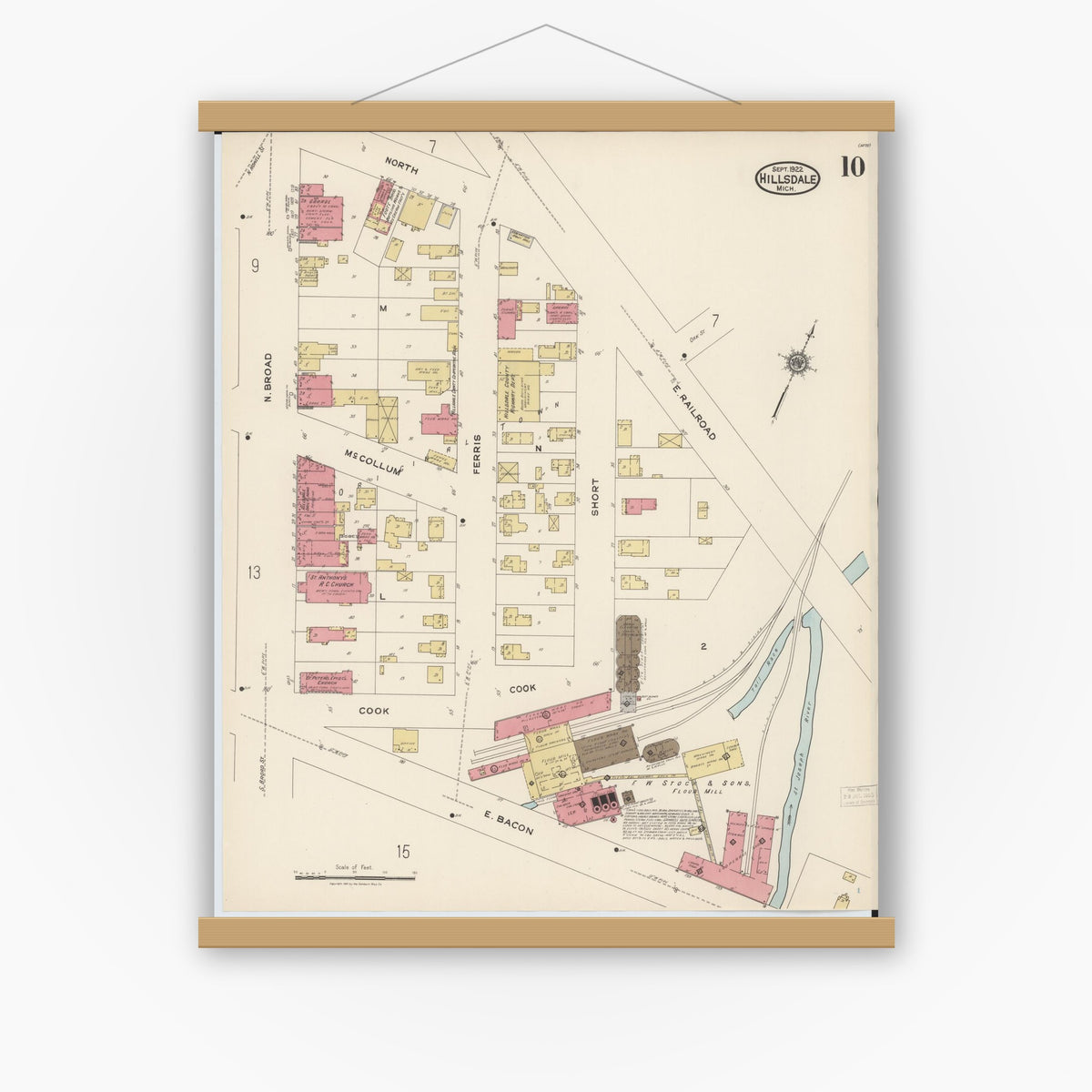 Old map wall art mockup — magnetic wood frame on white wall — Sanborn Fire Insurance Map from Hillsdale, Hillsdale County, Michigan (1922), Sheet #0010
