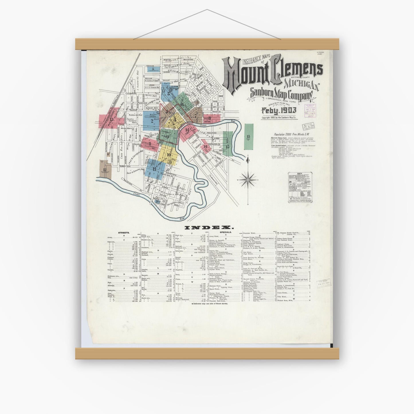 Old map wall art mockup — magnetic wood frame on white wall — Sanborn Fire Insurance Map from Mount Clemens, Macomb County, Michigan (1903), Sheet #0001