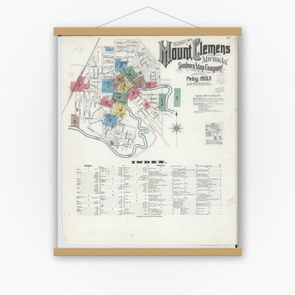 Old map wall art mockup — magnetic wood frame on white wall — Sanborn Fire Insurance Map from Mount Clemens, Macomb County, Michigan (1903), Sheet #0001