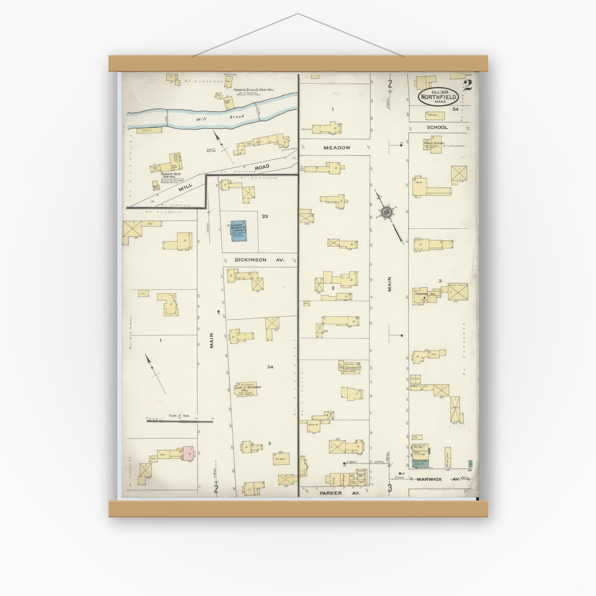 Old map wall art mockup — magnetic wood frame on white wall — Sanborn Fire Insurance Map from Northfield, Franklin County, Massachusetts (1909), Sheet #0002