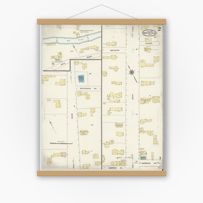 Old map wall art mockup — magnetic wood frame on white wall — Sanborn Fire Insurance Map from Northfield, Franklin County, Massachusetts (1909), Sheet #0002