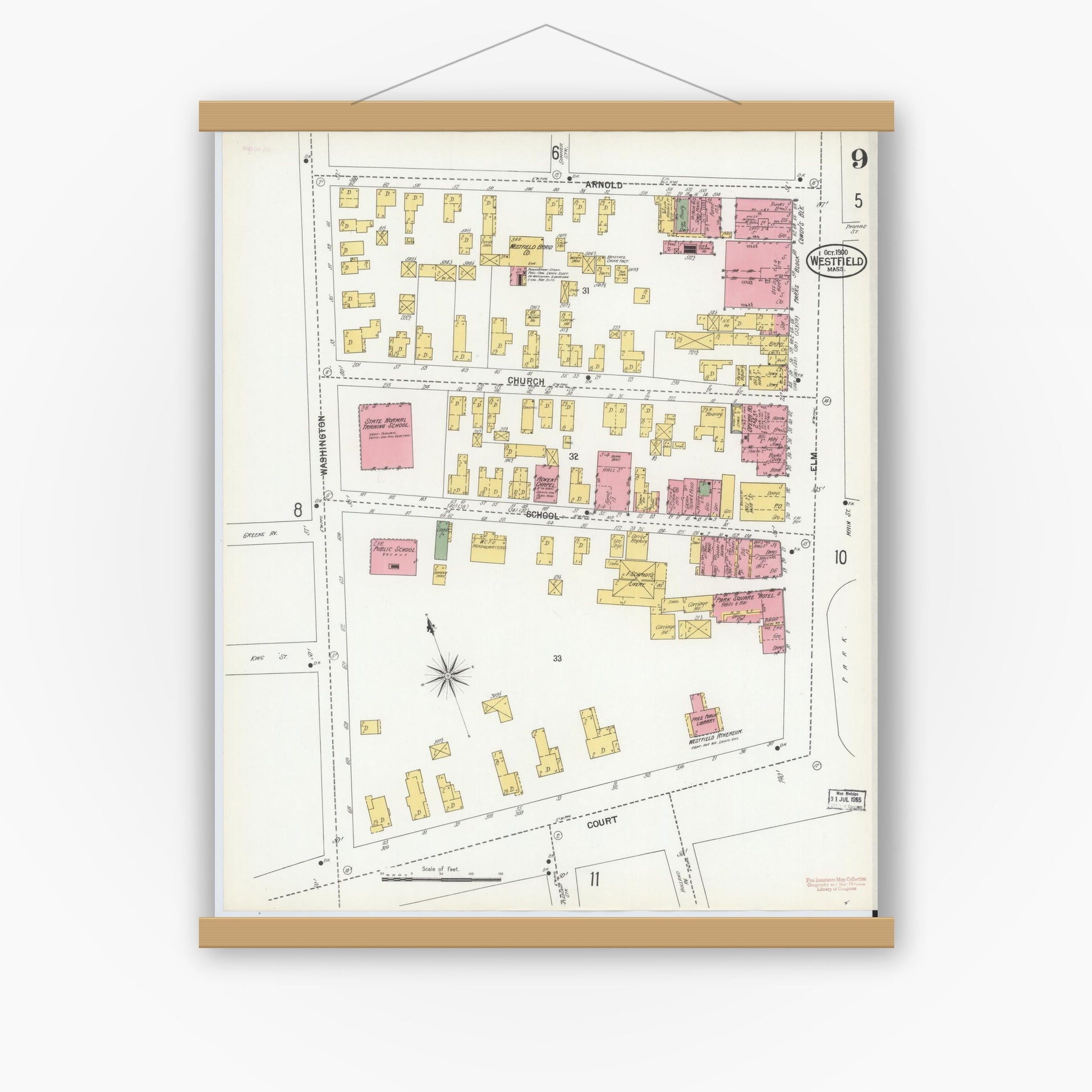 Old map wall art mockup — magnetic wood frame on white wall — Sanborn Fire Insurance Map from Westfield, Hampden County, Massachusetts (1900), Sheet #0009