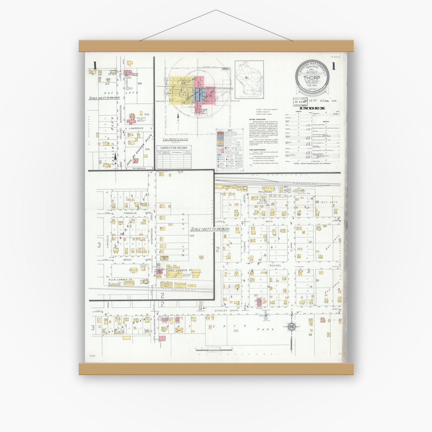 Old map wall art mockup — magnetic wood frame on white wall — Sanborn Fire Insurance Map from Thorpe, Clark County, Wisconsin (1933), Sheet #0001