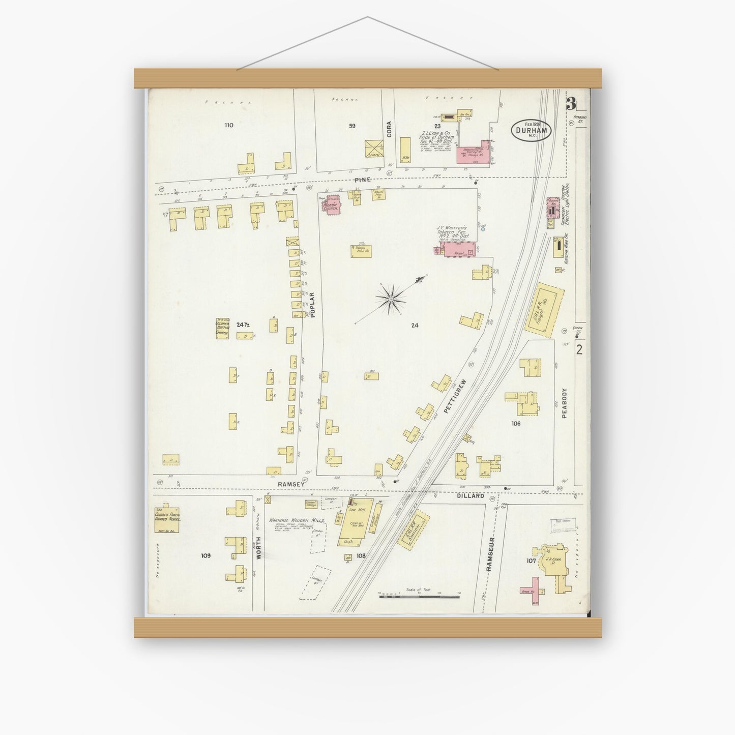 Old map wall art mockup — magnetic wood frame on white wall — Sanborn Fire Insurance Map from Durham, Durham County, North Carolina (1898), Sheet #0003