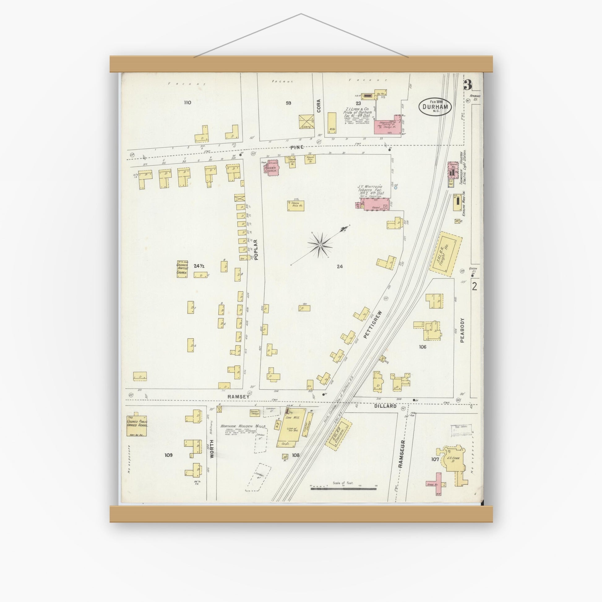 Old map wall art mockup — magnetic wood frame on white wall — Sanborn Fire Insurance Map from Durham, Durham County, North Carolina (1898), Sheet #0003
