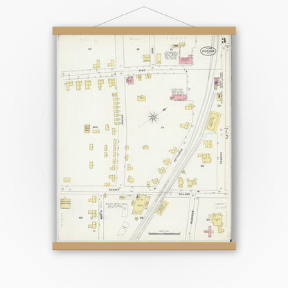 Old map wall art mockup — magnetic wood frame on white wall — Sanborn Fire Insurance Map from Durham, Durham County, North Carolina (1898), Sheet #0003