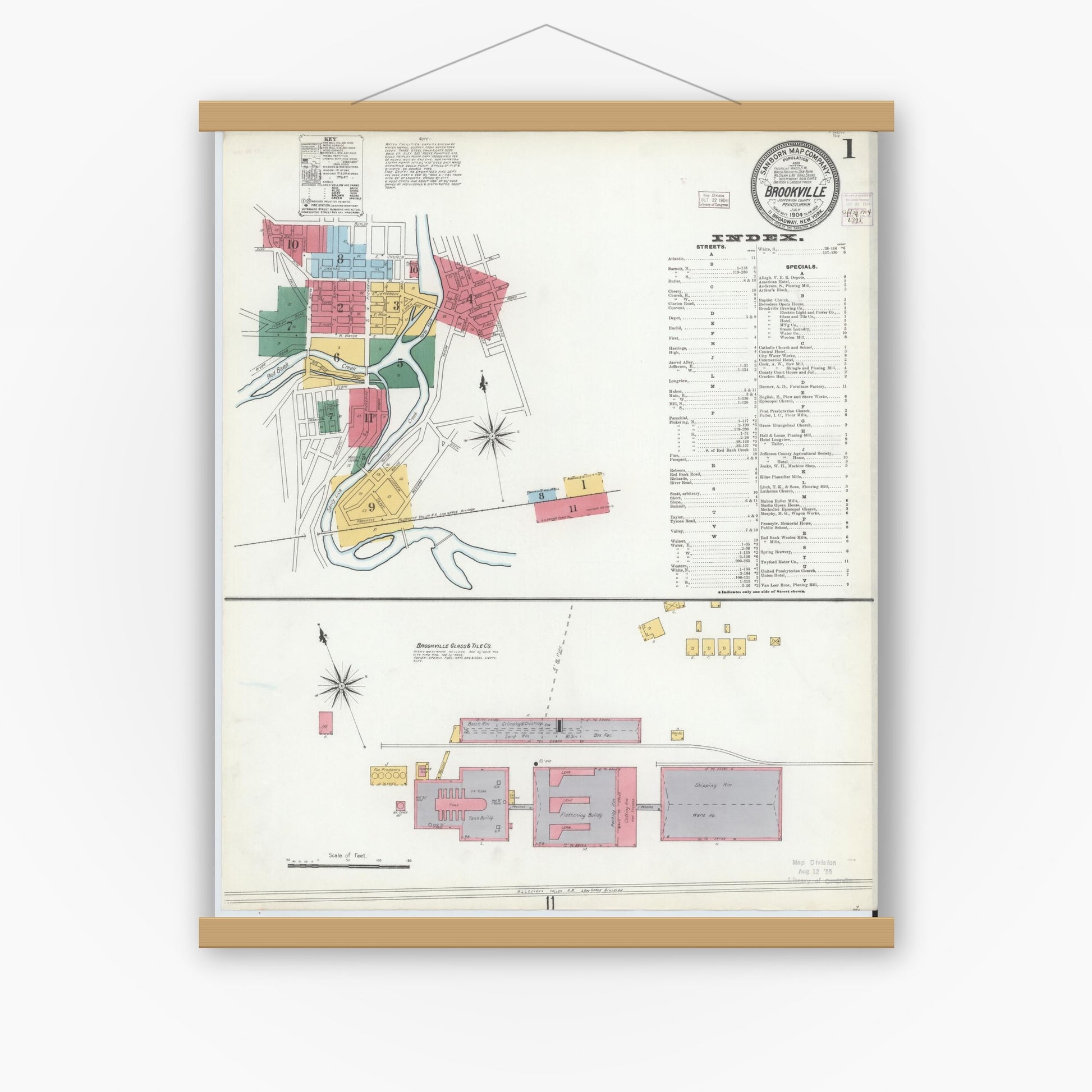 Old map wall art mockup — magnetic wood frame on white wall — Sanborn Fire Insurance Map from Brookville, Jefferson County, Pennsylvania (1904), Sheet #0001