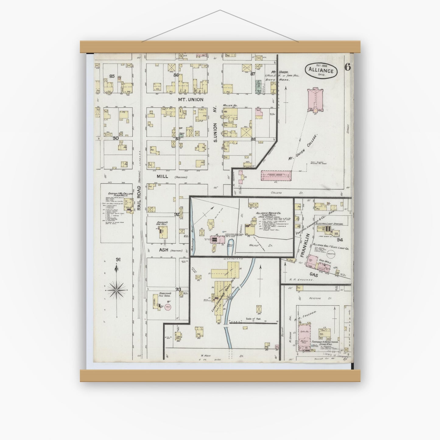 Old map wall art mockup — magnetic wood frame on white wall — Sanborn Fire Insurance Map from Alliance, Stark County, Ohio (1888), Sheet #0006