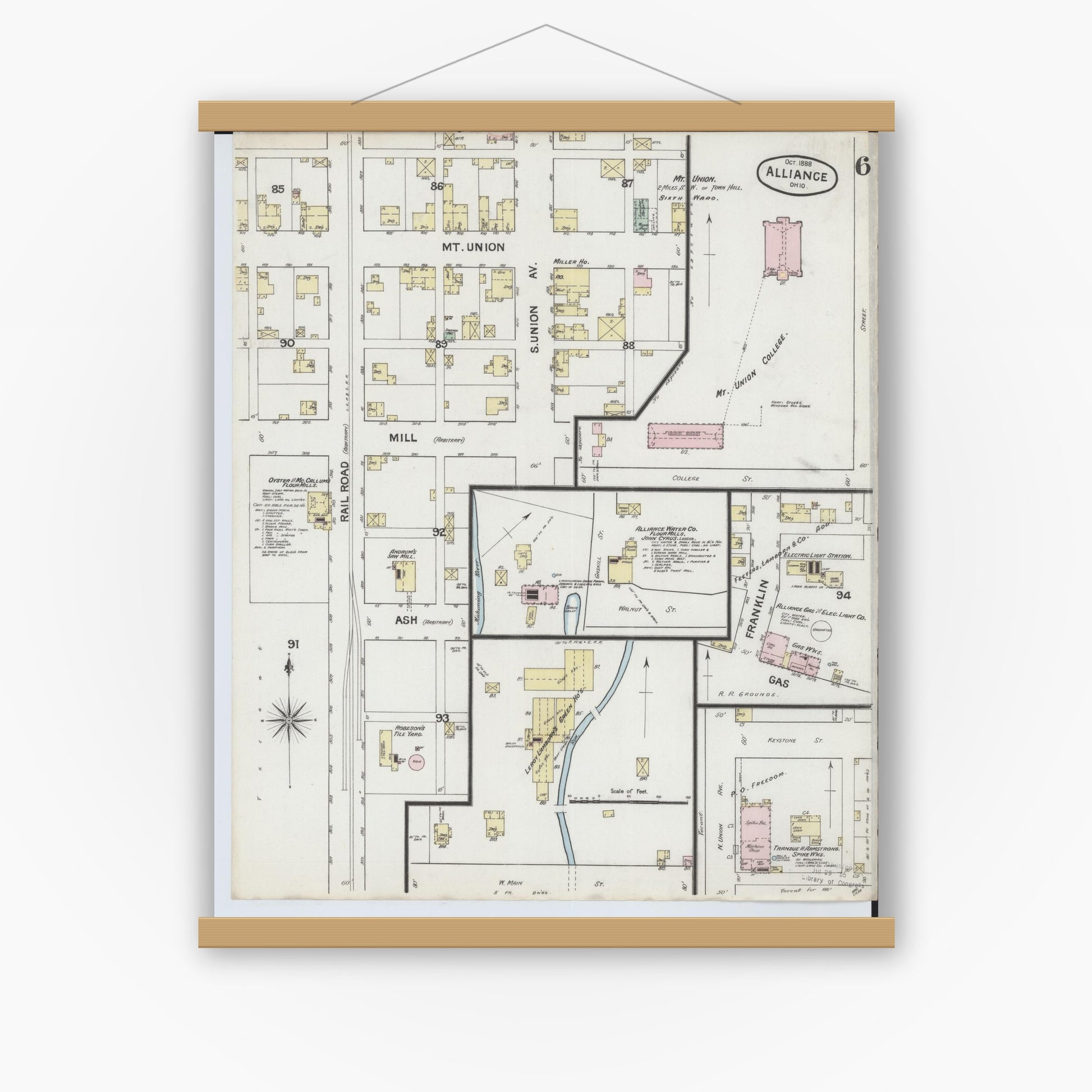 Old map wall art mockup — magnetic wood frame on white wall — Sanborn Fire Insurance Map from Alliance, Stark County, Ohio (1888), Sheet #0006