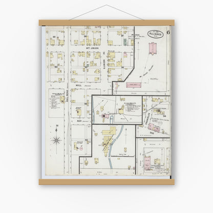 Old map wall art mockup — magnetic wood frame on white wall — Sanborn Fire Insurance Map from Alliance, Stark County, Ohio (1888), Sheet #0006
