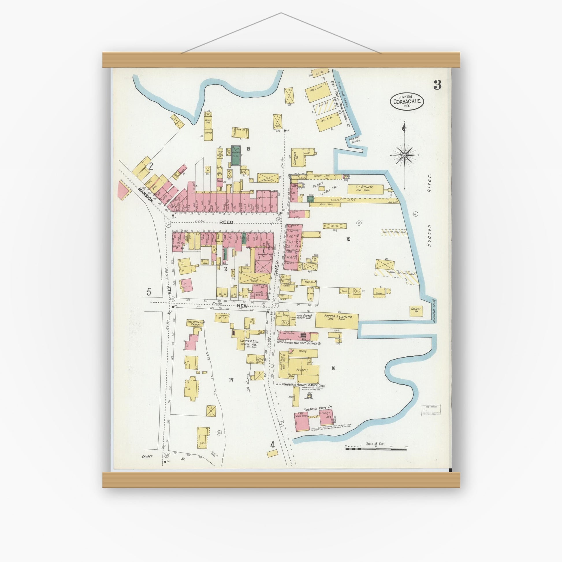 Old map wall art mockup — magnetic wood frame on white wall — Sanborn Fire Insurance Map from Coxsackie, Greene County, New York (1902), Sheet #0003