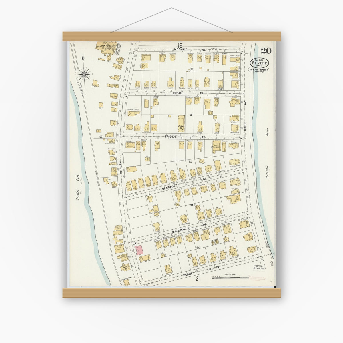 Old map wall art mockup — magnetic wood frame on white wall — Sanborn Fire Insurance Map from Revere, Suffolk County, Massachusetts (1900), Sheet #0020