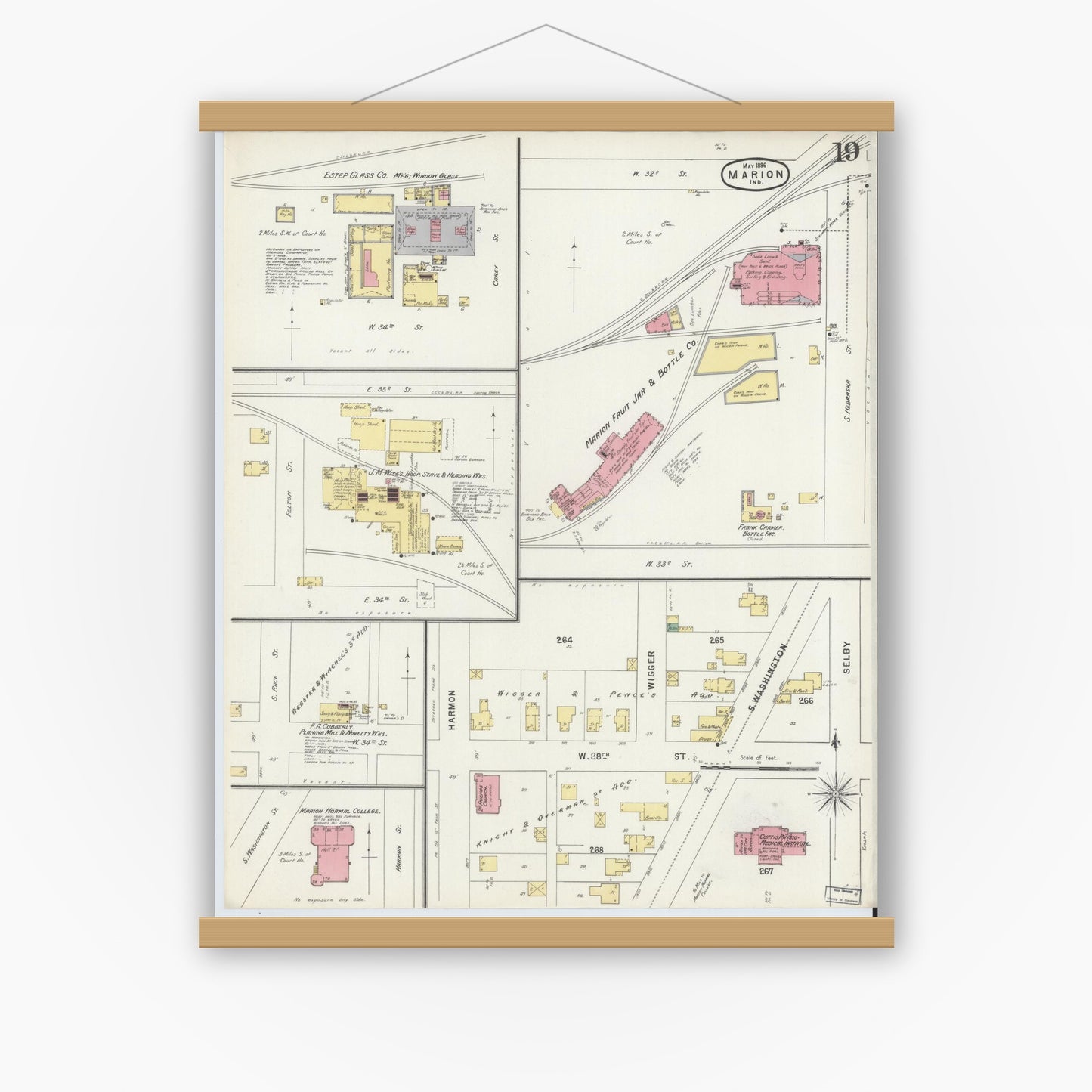 Old map wall art mockup — magnetic wood frame on white wall — Sanborn Fire Insurance Map from Marion, Grant County, Indiana (1896), Sheet #0019