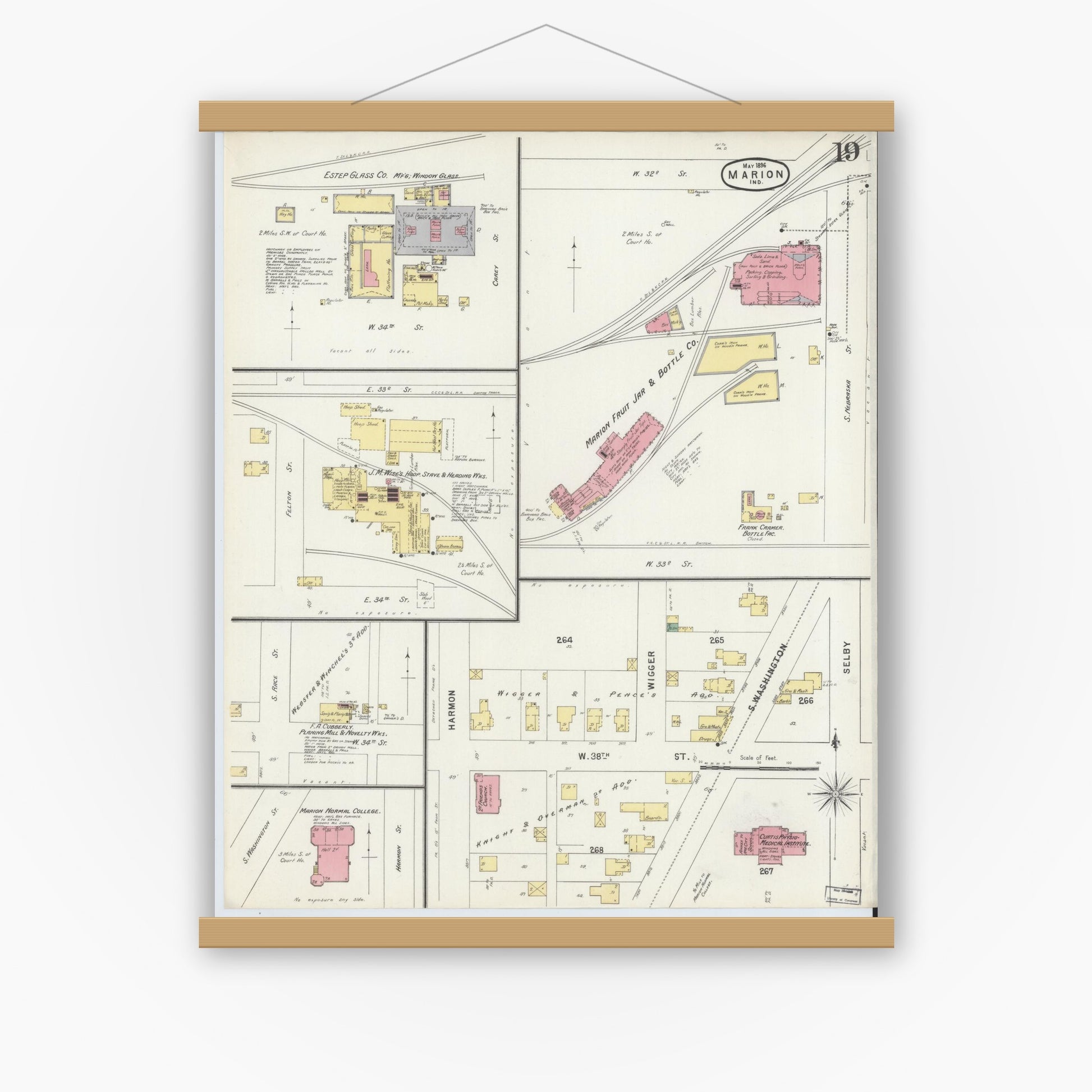 Old map wall art mockup — magnetic wood frame on white wall — Sanborn Fire Insurance Map from Marion, Grant County, Indiana (1896), Sheet #0019