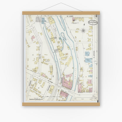 Old map wall art mockup — magnetic wood frame on white wall — Sanborn Fire Insurance Map from Bellefonte, Centre County, Pennsylvania (1887), Sheet #0002