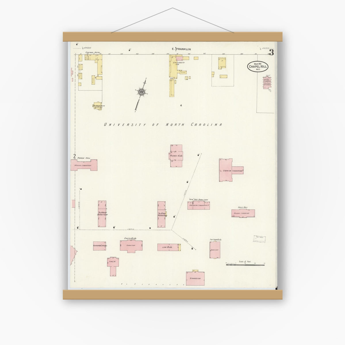 Old map wall art mockup — magnetic wood frame on white wall — Sanborn Fire Insurance Map from Chapel Hill, Orange County, North Carolina (1911), Sheet #0003
