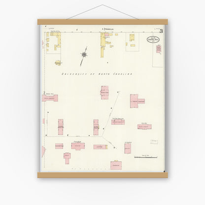 Old map wall art mockup — magnetic wood frame on white wall — Sanborn Fire Insurance Map from Chapel Hill, Orange County, North Carolina (1911), Sheet #0003