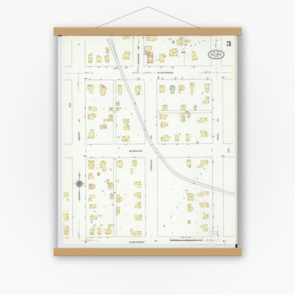 Old map wall art mockup — magnetic wood frame on white wall — Sanborn Fire Insurance Map from Alma, Gratiot County, Michigan (1910), Sheet #0003