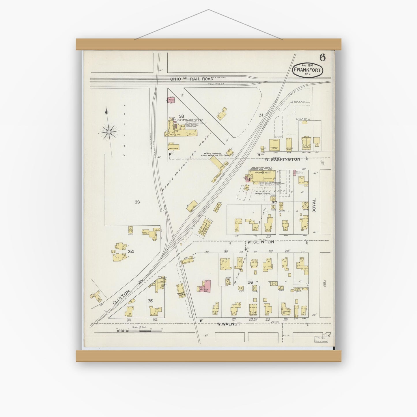 Old map wall art mockup — magnetic wood frame on white wall — Sanborn Fire Insurance Map from Frankfort, Clinton County, Indiana (1892), Sheet #0006