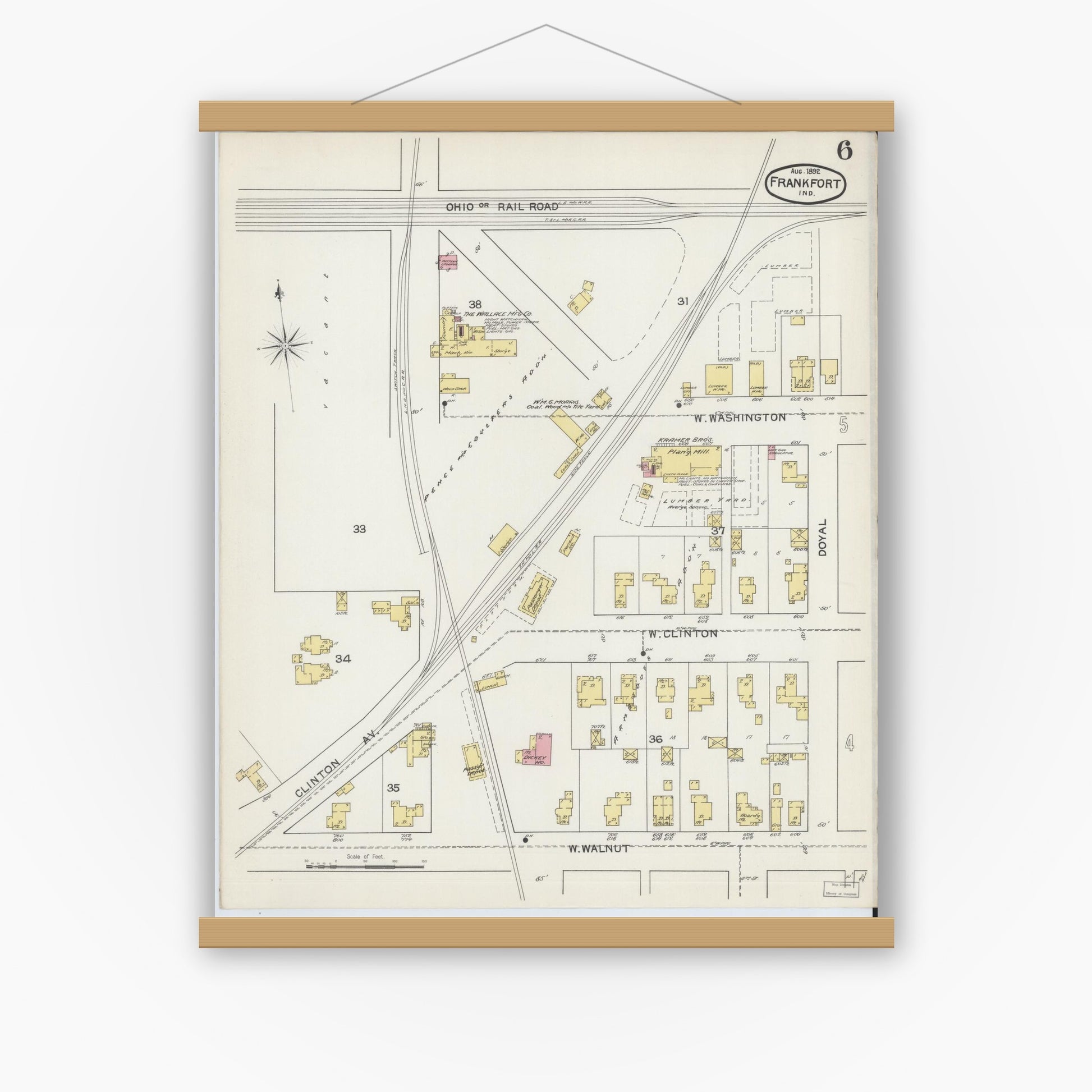 Old map wall art mockup — magnetic wood frame on white wall — Sanborn Fire Insurance Map from Frankfort, Clinton County, Indiana (1892), Sheet #0006