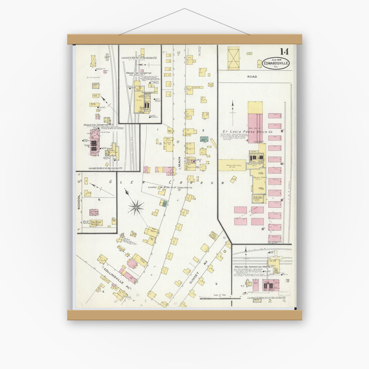 Old map wall art mockup — magnetic wood frame on white wall — Sanborn Fire Insurance Map from Edwardsville, Madison County, Illinois (1909), Sheet #0014