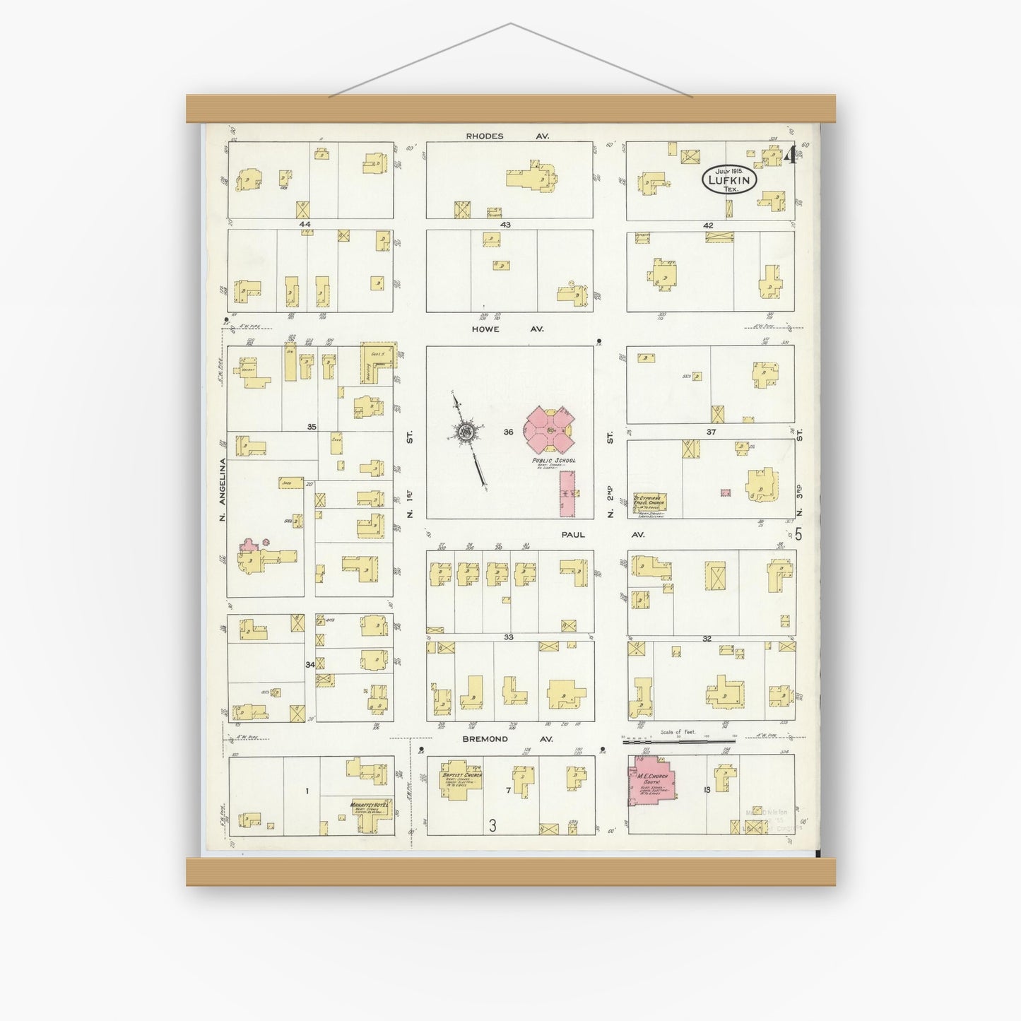 Old map wall art mockup — magnetic wood frame on white wall — Sanborn Fire Insurance Map from Lufkin, Angelina County, Texas (1915), Sheet #0004