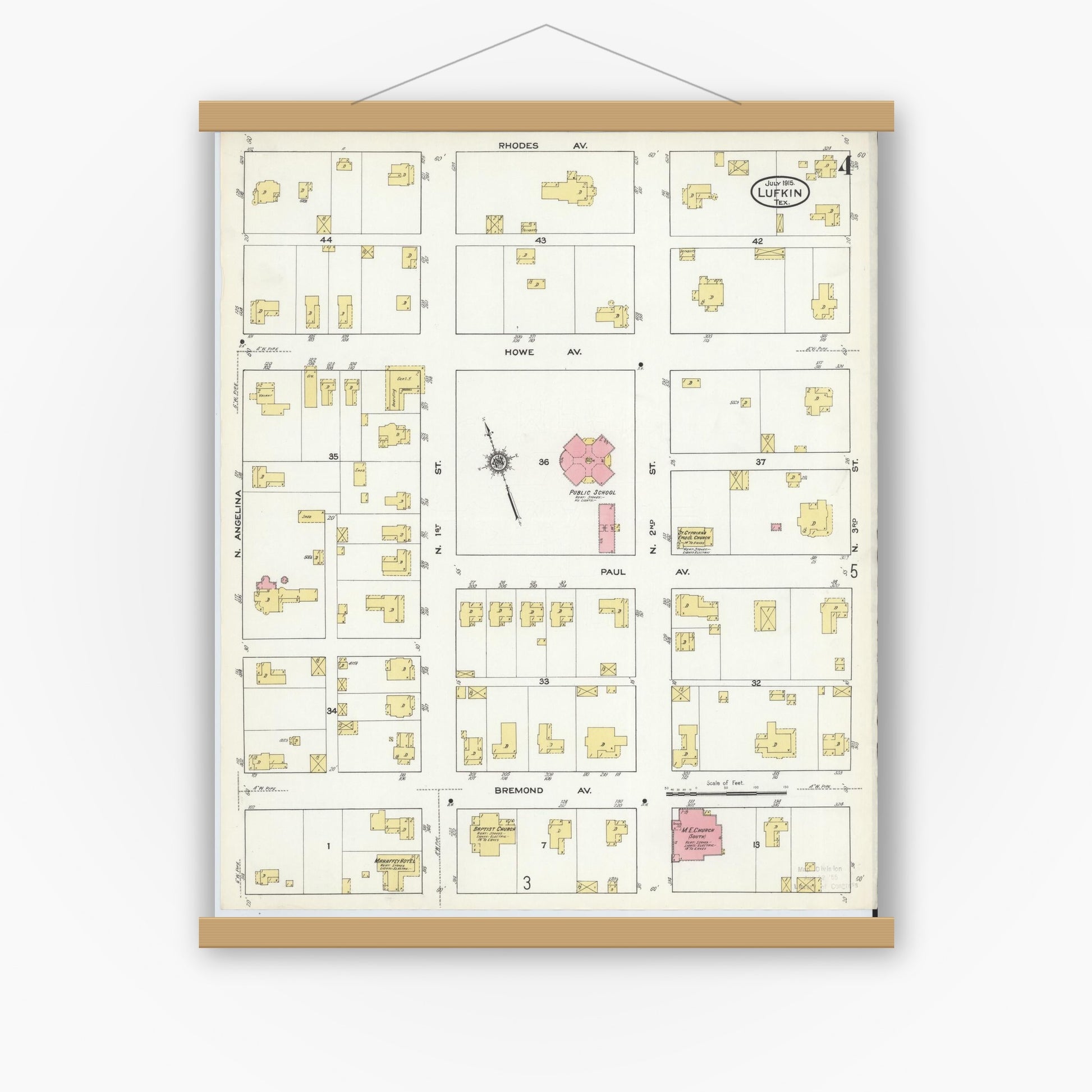 Old map wall art mockup — magnetic wood frame on white wall — Sanborn Fire Insurance Map from Lufkin, Angelina County, Texas (1915), Sheet #0004