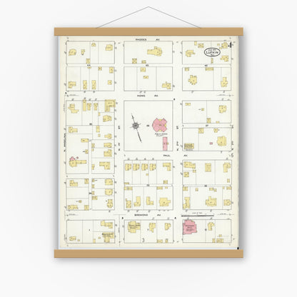 Old map wall art mockup — magnetic wood frame on white wall — Sanborn Fire Insurance Map from Lufkin, Angelina County, Texas (1915), Sheet #0004