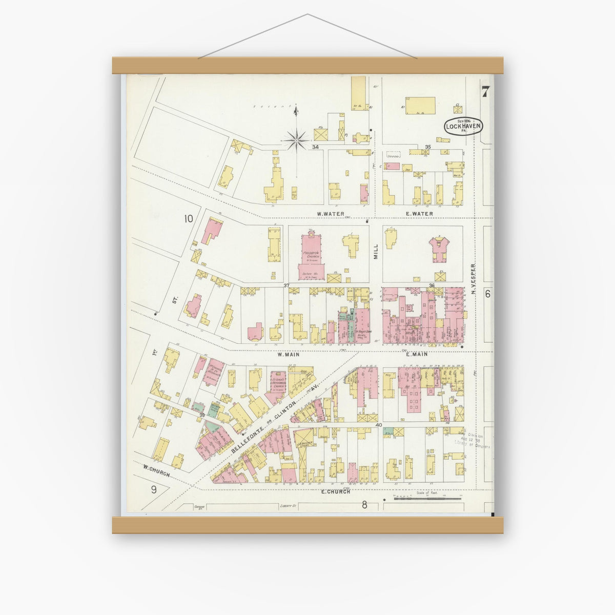 Old map wall art mockup — magnetic wood frame on white wall — Sanborn Fire Insurance Map from Lock Haven, Clinton County, Pennsylvania (1896), Sheet #0007