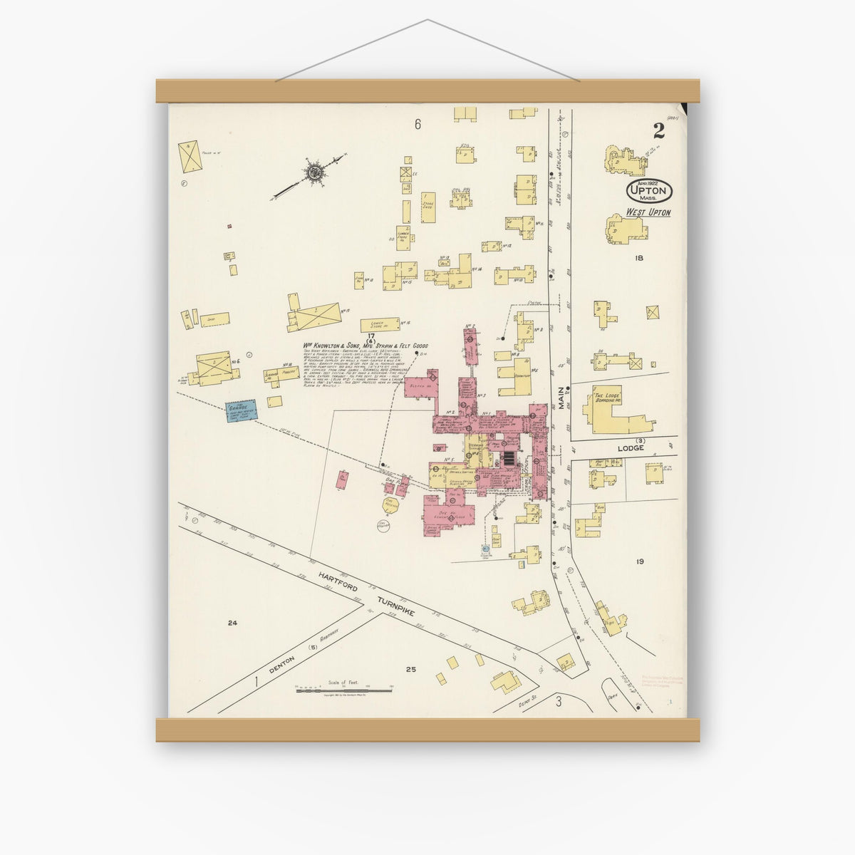 Old map wall art mockup — magnetic wood frame on white wall — Sanborn Fire Insurance Map from Upton, Worcester County, Massachusetts (1922), Sheet #0002