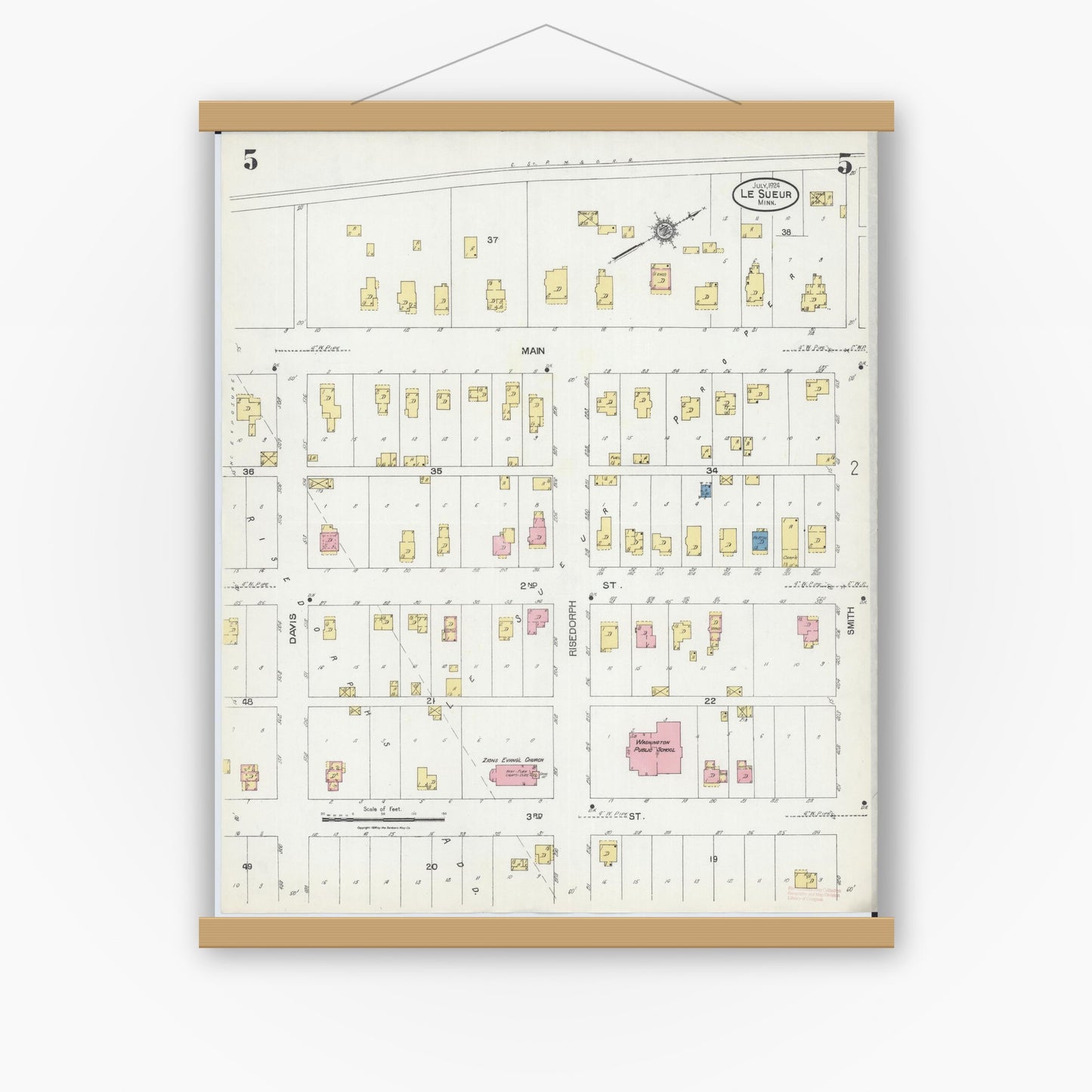 Old map wall art mockup — magnetic wood frame on white wall — Sanborn Fire Insurance Map from Le Sueur, Le Sueur County, Minnesota (1924), Sheet #0005