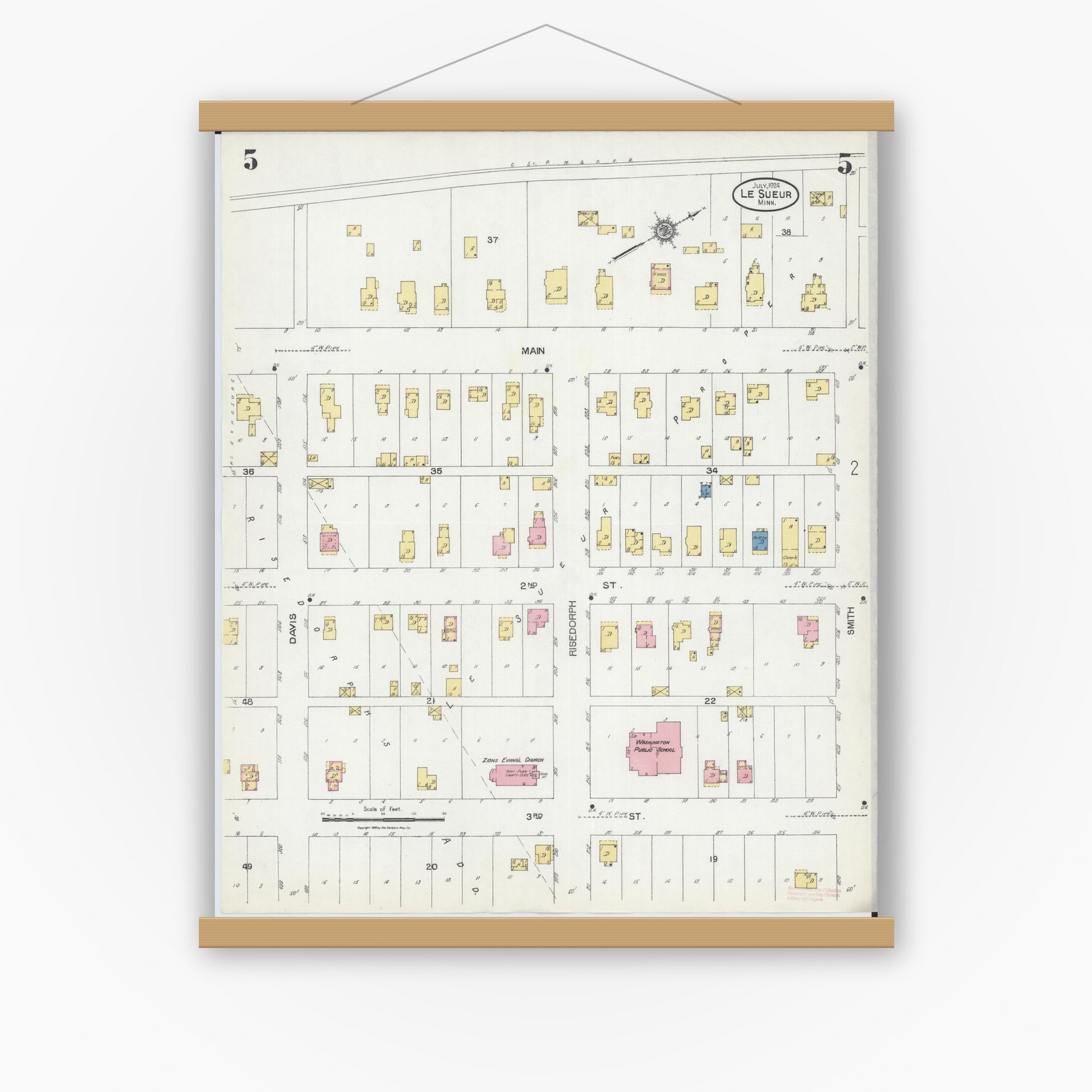 Old map wall art mockup — magnetic wood frame on white wall — Sanborn Fire Insurance Map from Le Sueur, Le Sueur County, Minnesota (1924), Sheet #0005