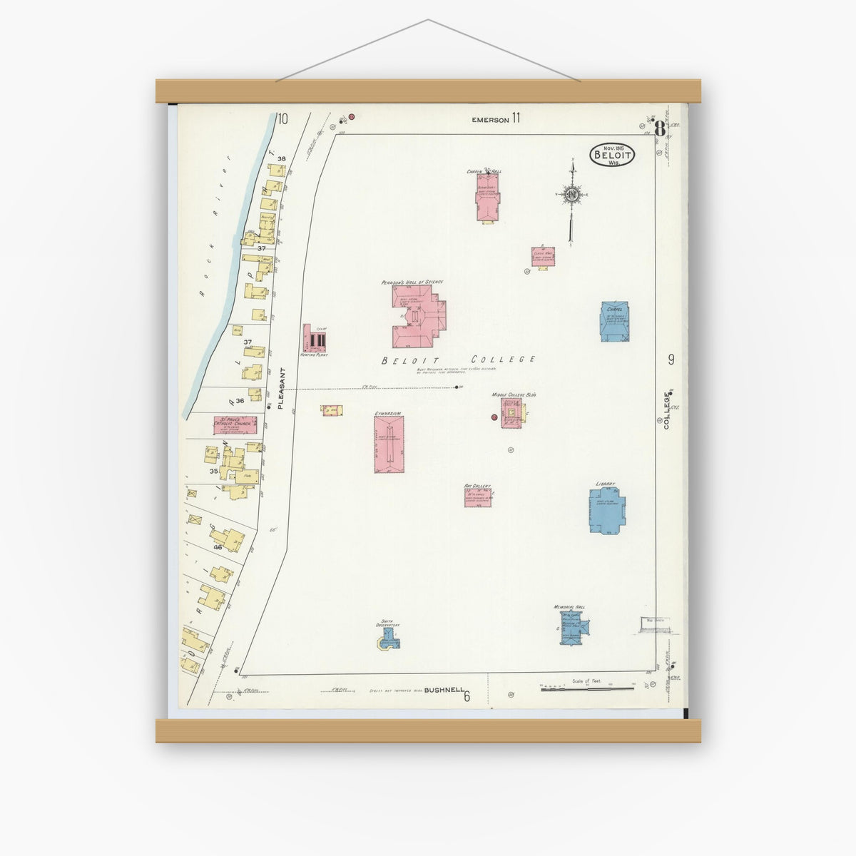 Old map wall art mockup — magnetic wood frame on white wall — Sanborn Fire Insurance Map from Beloit, Rock County, Wisconsin (1915), Sheet #0008