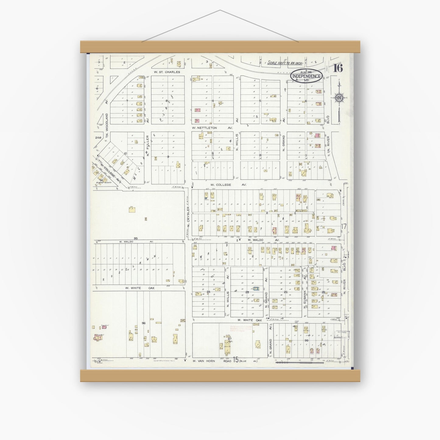 Old map wall art mockup — magnetic wood frame on white wall — Sanborn Fire Insurance Map from Independence, Jackson County, Missouri (1916), Sheet #0016