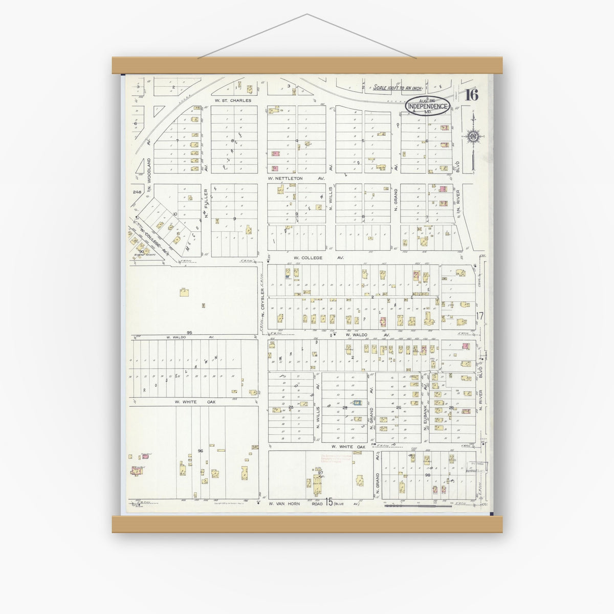 Old map wall art mockup — magnetic wood frame on white wall — Sanborn Fire Insurance Map from Independence, Jackson County, Missouri (1916), Sheet #0016
