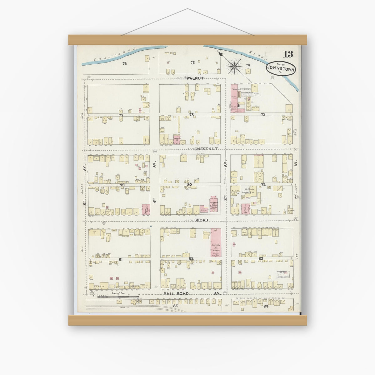 Old map wall art mockup — magnetic wood frame on white wall — Sanborn Fire Insurance Map from Johnstown, Cambria County, Pennsylvania (1891), Sheet #0013
