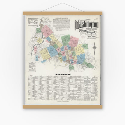 Old map wall art mockup — magnetic wood frame on white wall — Sanborn Fire Insurance Map from Washington, Washington County, Pennsylvania (1914), Sheet #0001