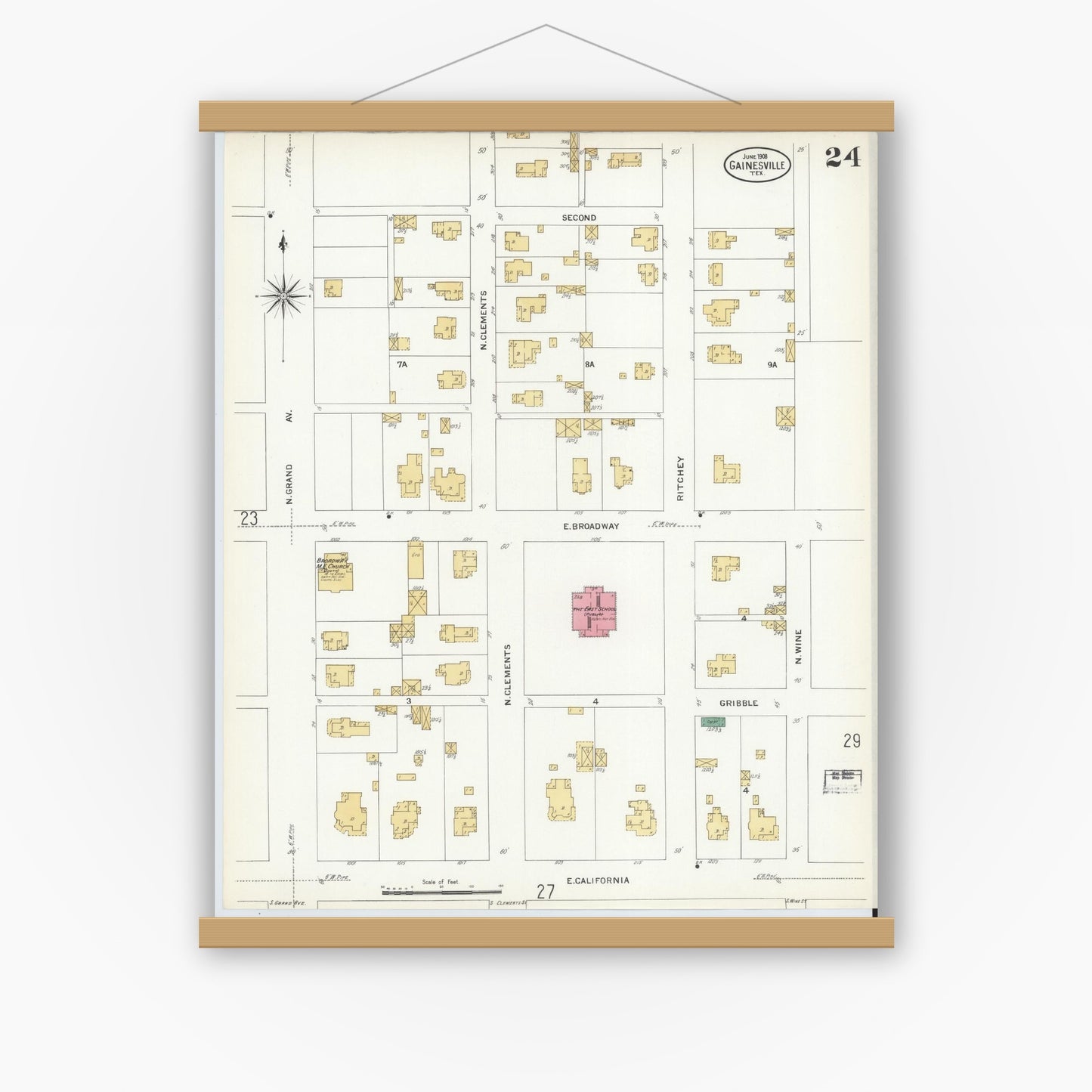 Old map wall art mockup — magnetic wood frame on white wall — Sanborn Fire Insurance Map from Gainesville, Cooke County, Texas (1908), Sheet #0024