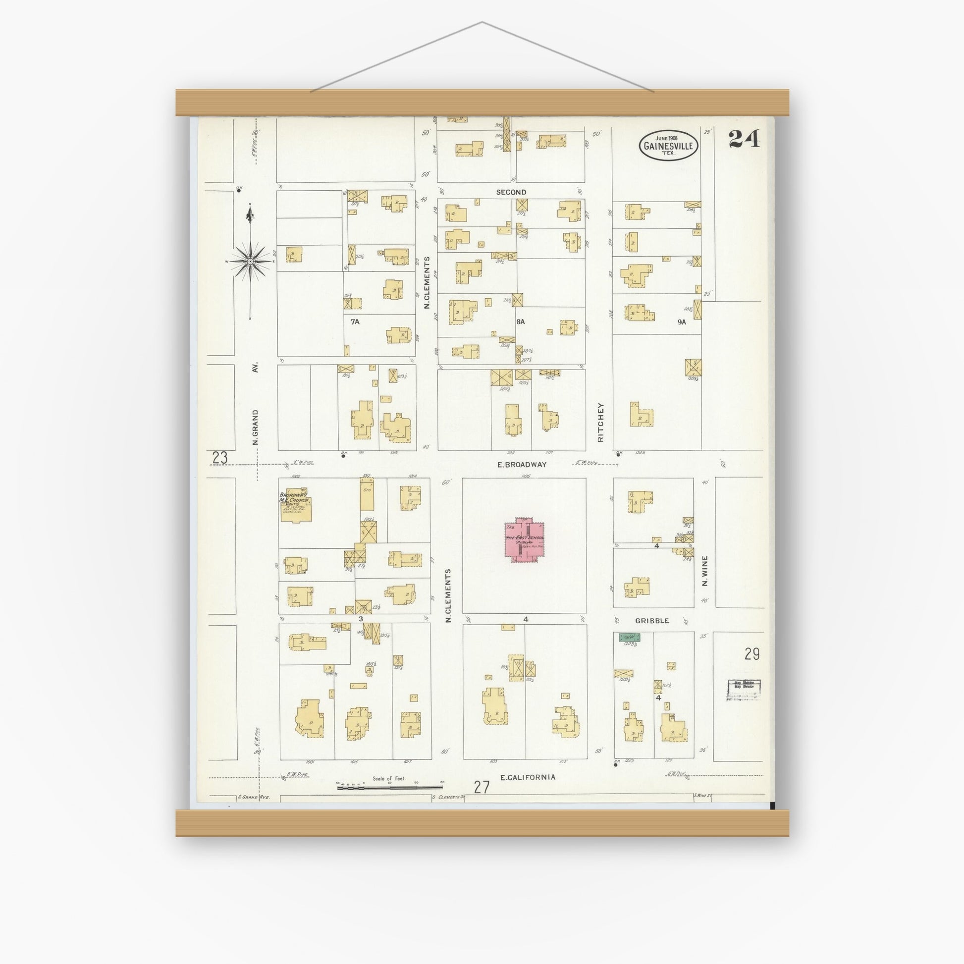 Old map wall art mockup — magnetic wood frame on white wall — Sanborn Fire Insurance Map from Gainesville, Cooke County, Texas (1908), Sheet #0024