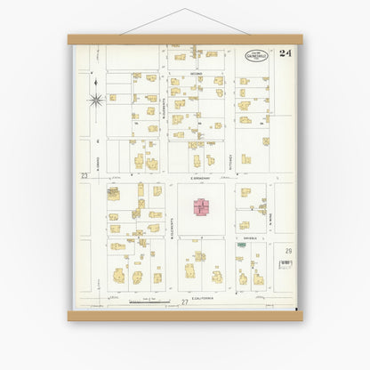 Old map wall art mockup — magnetic wood frame on white wall — Sanborn Fire Insurance Map from Gainesville, Cooke County, Texas (1908), Sheet #0024