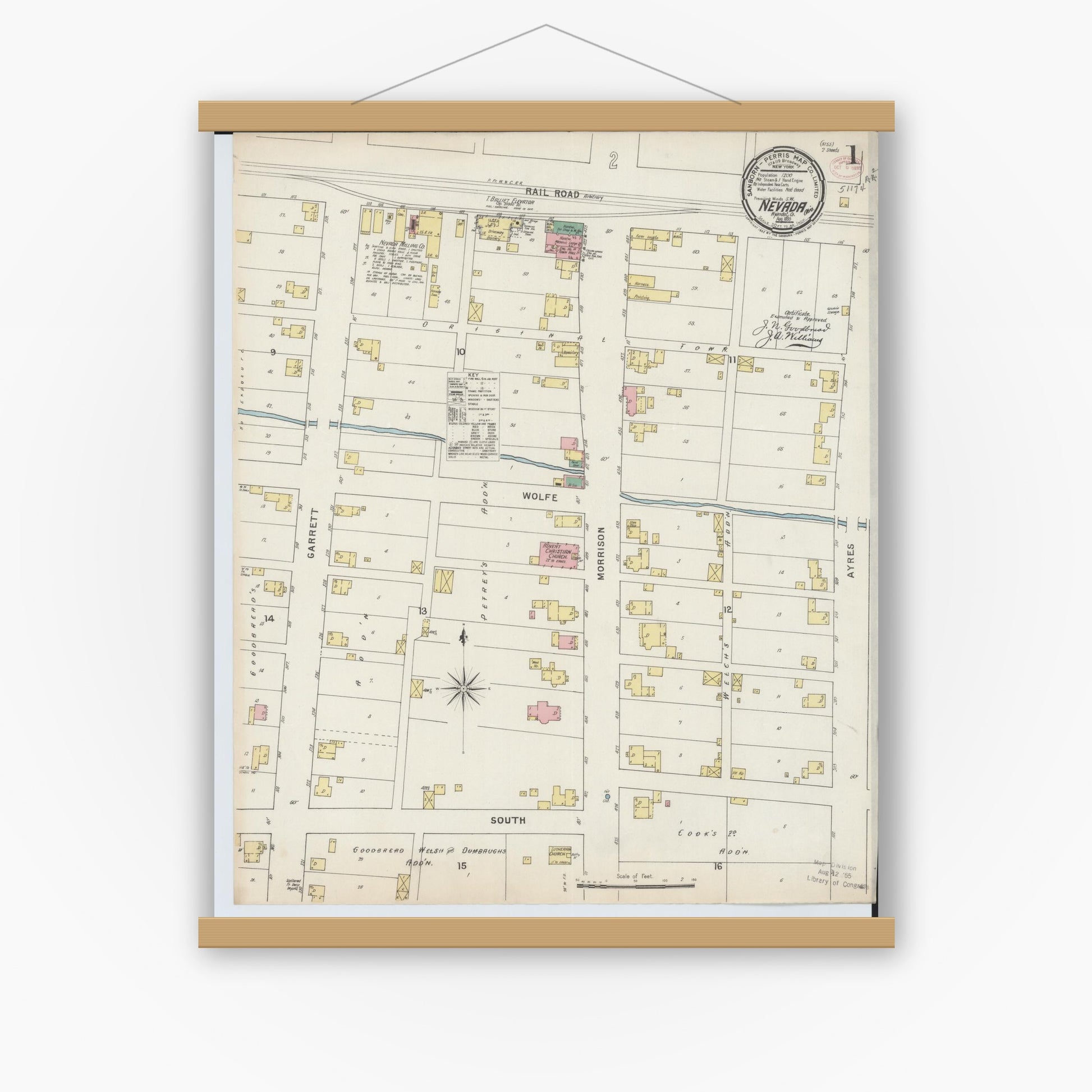 Old map wall art mockup — magnetic wood frame on white wall — Sanborn Fire Insurance Map from Nevada, Wyandot County, Ohio (1895) - Complete Map Set