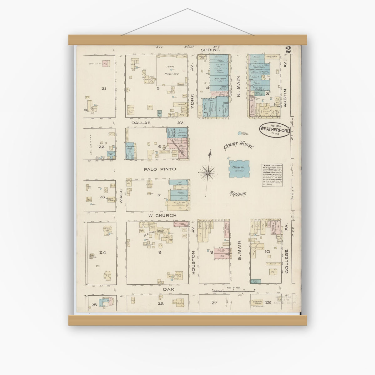 Old map wall art mockup — magnetic wood frame on white wall — Sanborn Fire Insurance Map from Weatherford, Parker County, Texas (1885), Sheet #0002