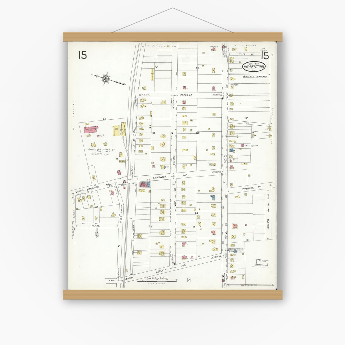 Old map wall art mockup — magnetic wood frame on white wall — Sanborn Fire Insurance Map from Moorestown, Burlington County, New Jersey (1923), Sheet #0015