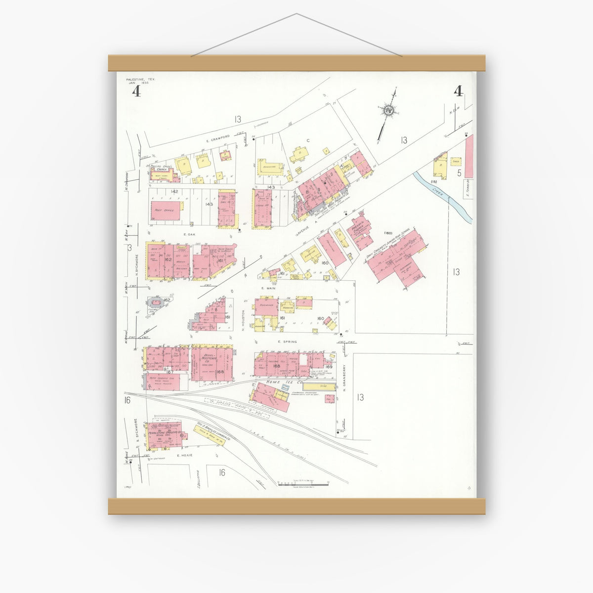 Old map wall art mockup — magnetic wood frame on white wall — Sanborn Fire Insurance Map from Palestine, Anderson County, Texas (1935), Sheet #0004