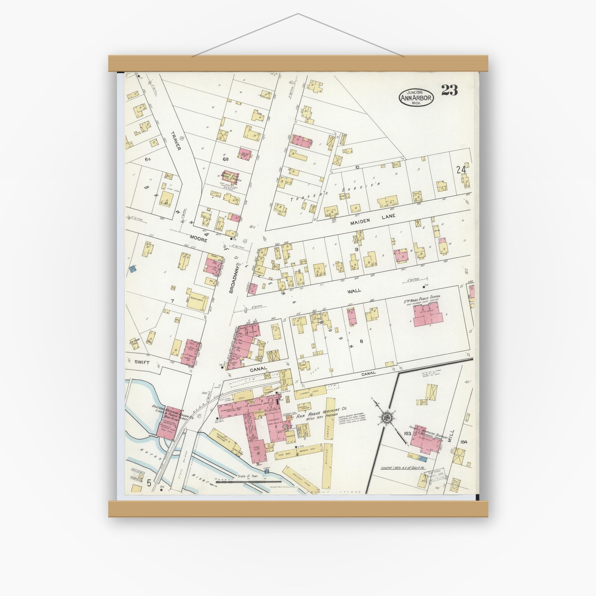 Old map wall art mockup — magnetic wood frame on white wall — Sanborn Fire Insurance Map from Ann Arbor, Washtenaw County, Michigan (1916), Sheet #0023